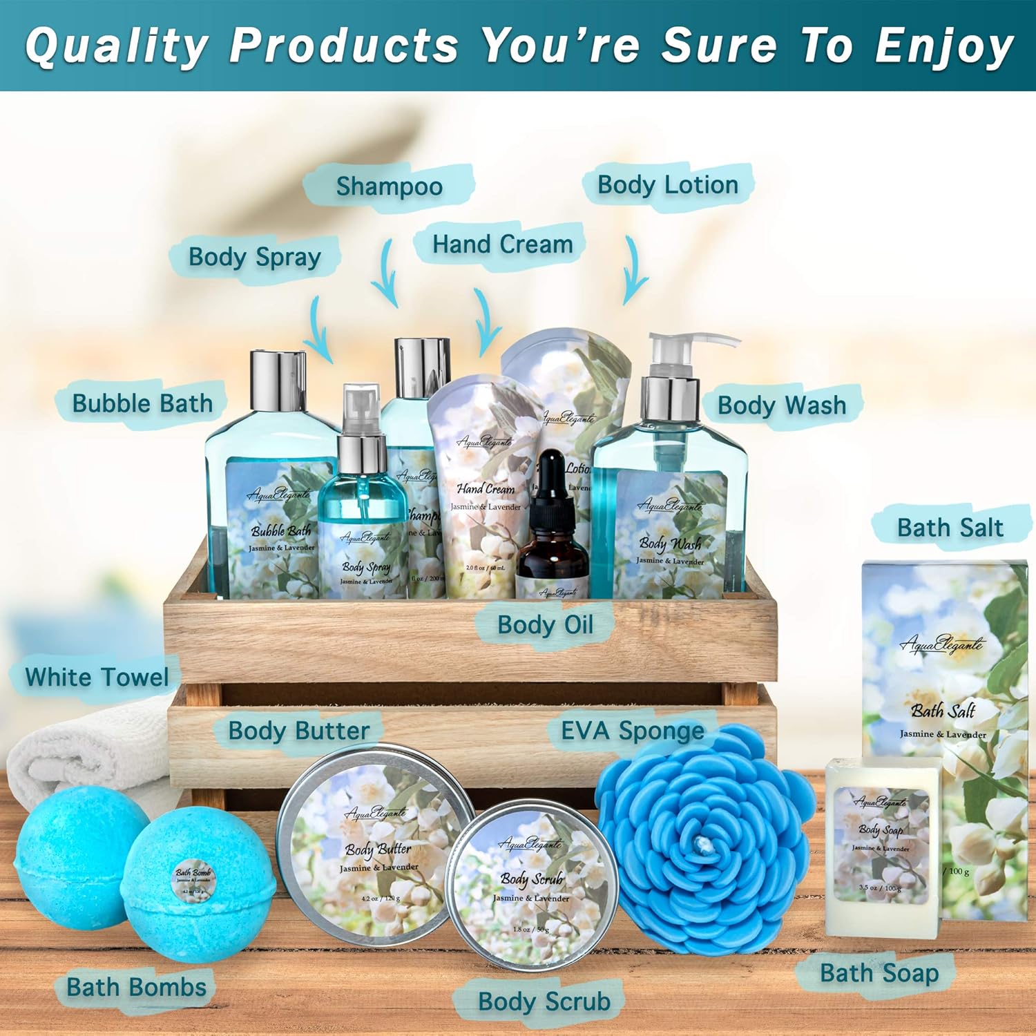 Bath Spa Gift Sets - Luxury Basket With Jasmine & Lavender - Spa Kit Includes Wash, Bubble Bath, Lotion, Bath Salts, Body Scrub, Body Spray, Shower Puff