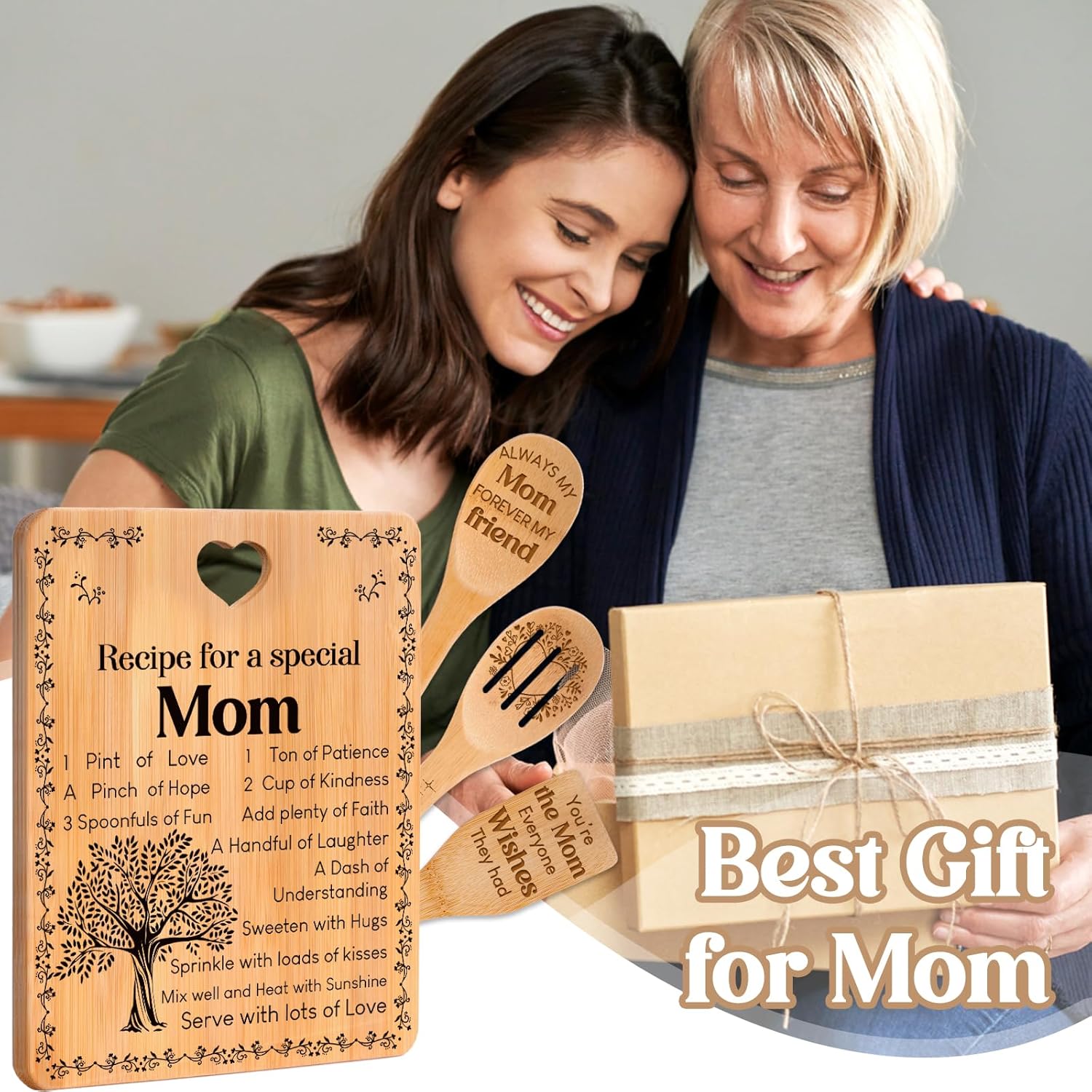 Gifts for Mom - "Recipe for a Special Mom" Mom Birthday Gifts Cutting Board Set, Bamboo-Made Engraved Utensil Set Mom Gifts, Christmas Gifts for Mom