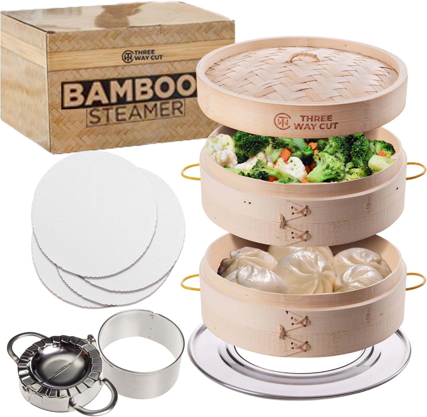 Unforgettable Christmas recipes - 2 Tier Bamboo Steamer- 10" Baskets With Handle, Silicone Liner, Adapter, Molder Press For Cooking Vegetables Dumpling Press & Dough Cutter