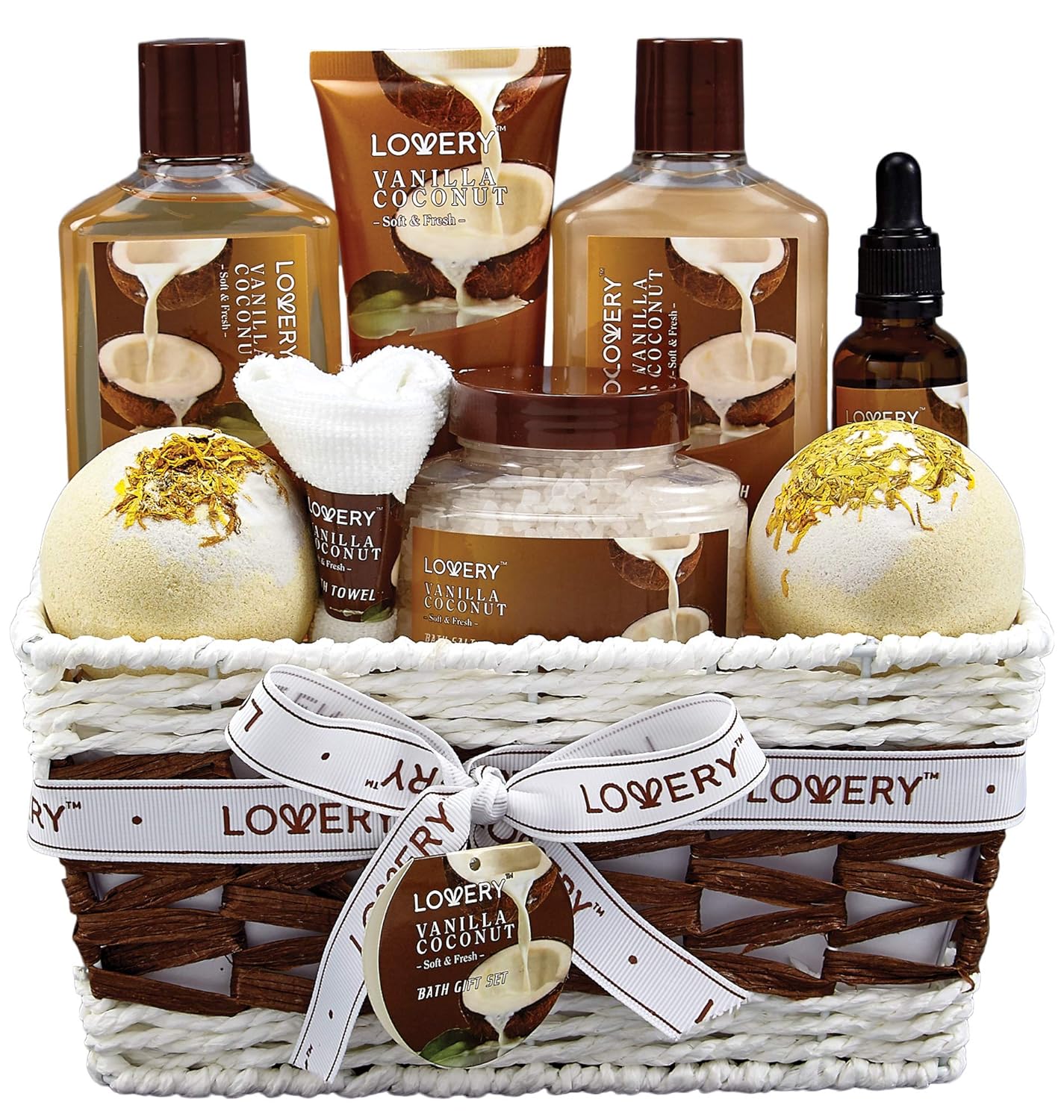 Bath and Body Gift Basket For Women and Men – 9 Piece Set of Vanilla Coconut Home Spa Set, Includes Fragrant Lotions, Extra Large Bath Bombs, Coconut Oil