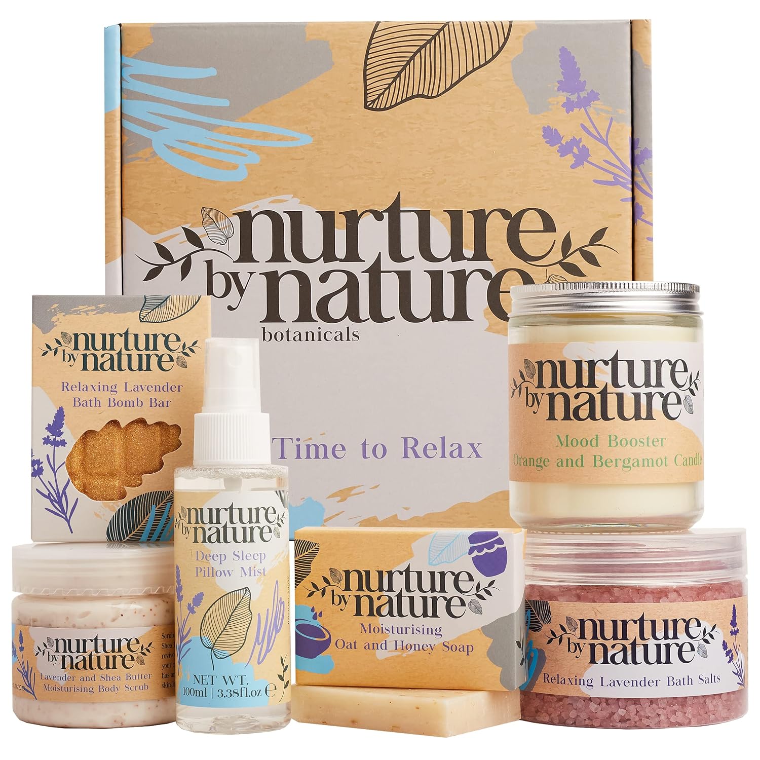 Nurture by Nature RELAX & CALM Spa Kit, Spa Gift Baskets For Women - Complete Bath Sets for Women Gift - Lavender Pillow Mist, Bath Salts, Soap, Bath