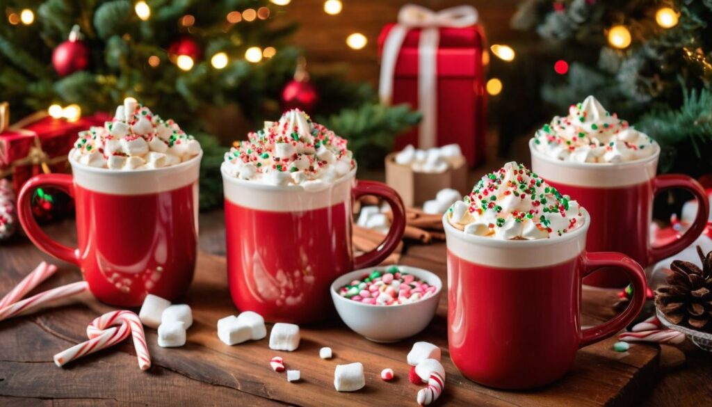 DIY hot cocoa station with festive toppings like marshmallows, cinnamon sticks, and candy canes for a cozy Christmas celebration.