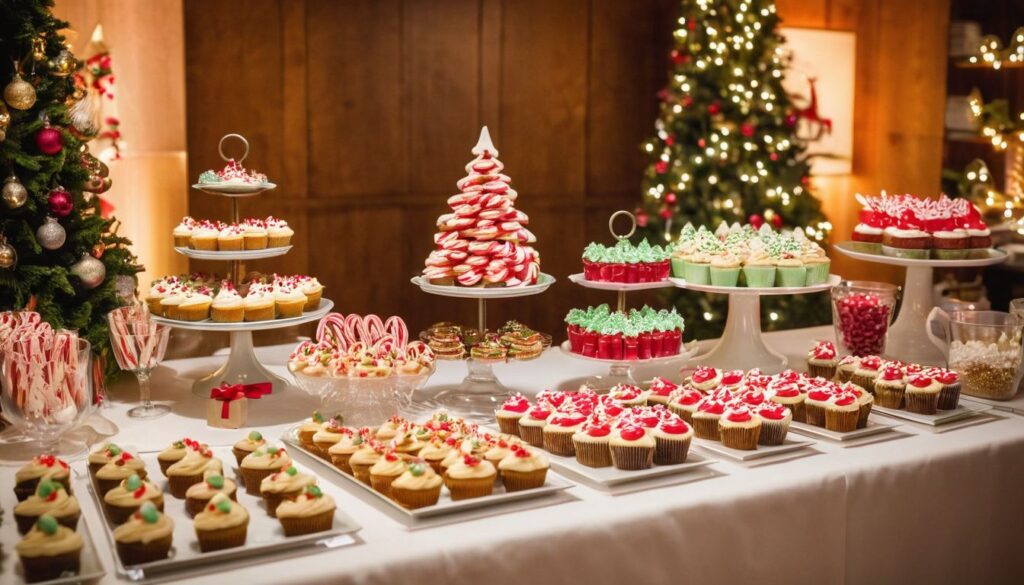 Interactive Christmas dessert bar with cookies, cupcakes, and gingerbread for holiday decorating fun.