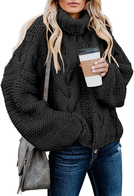 Casual winter outfits - Women's oversize Winter Fall Solid Turtleneck High Neck Balloon Long Sleeve Sweaters