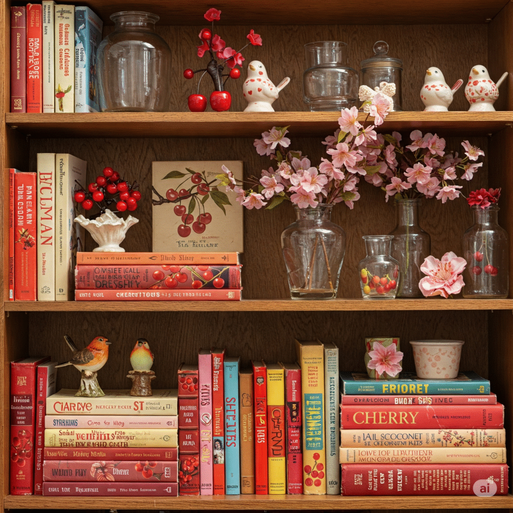 14. Cherry-Themed Bookshelf Styling