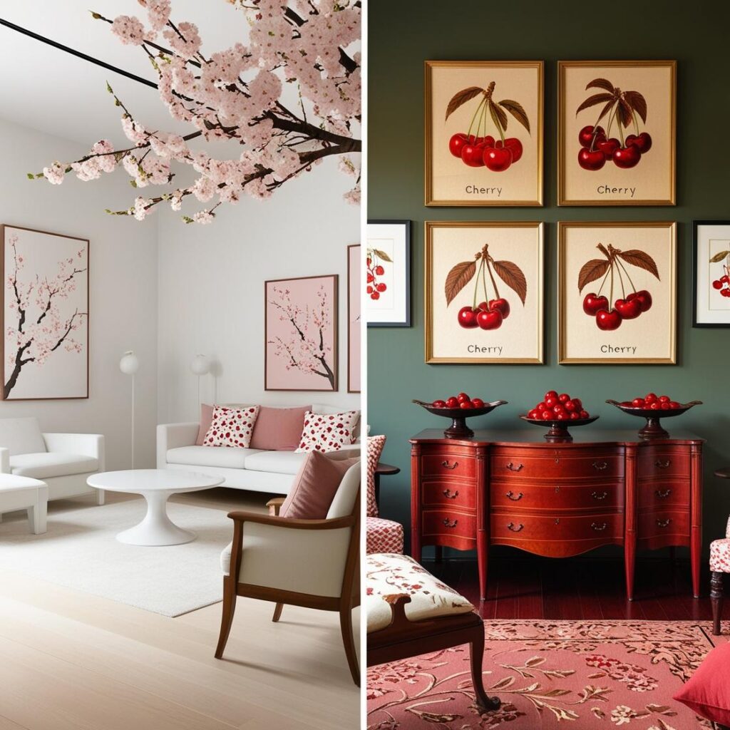 Side-by-side modern and vintage cherry-themed rooms