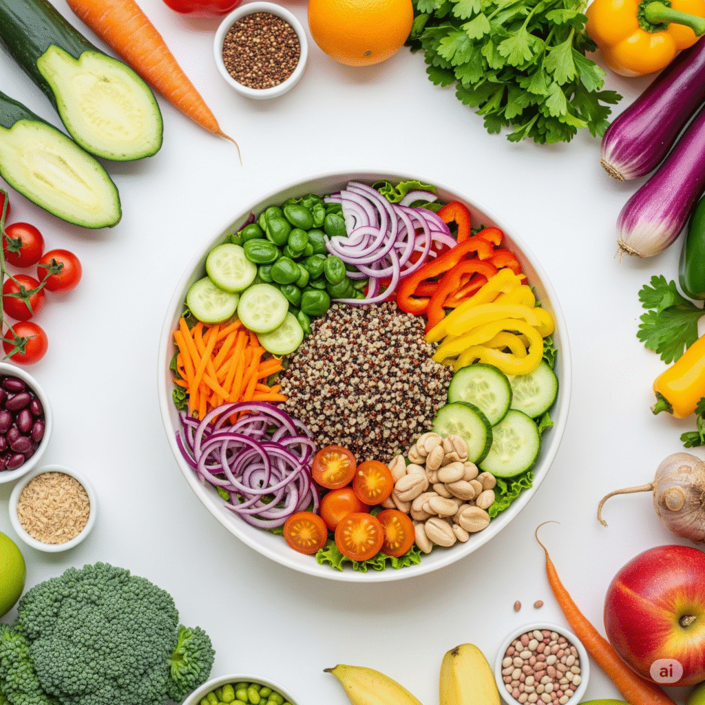 Colorful quinoa salad bowl with fresh vegetables, plant-based ingredients surrounding, clean background