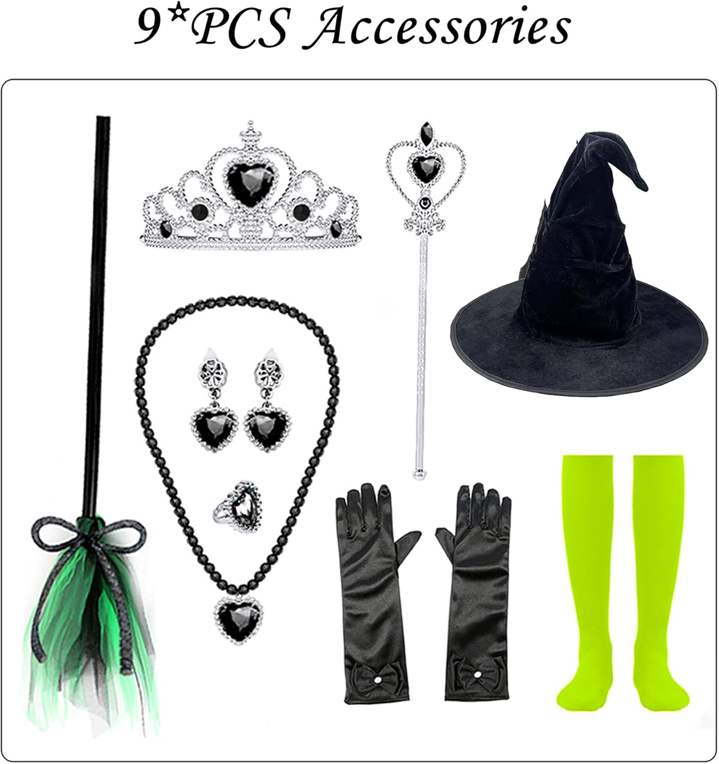 11Pcs Witch Black Costume Dress for Girls Halloween Set with Hat Cape Boom