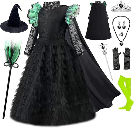 11Pcs Witch Black Costume Dress for Girls Halloween Set with Hat Cape Boom