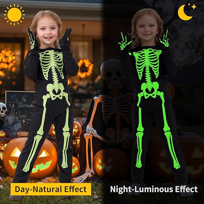 Wish Care Kids Skeleton Costumes Toddler Glow in The Dark Halloween Party Dress Up Outfit with Gloves for Girls and Boys