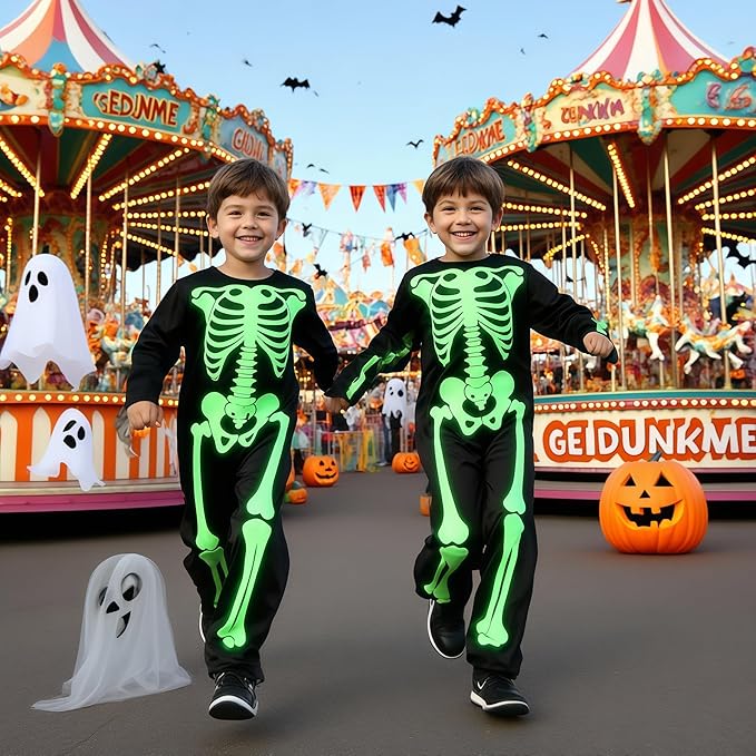 Wish Care Kids Skeleton Costumes Toddler Glow in The Dark Halloween Party Dress Up Outfit with Gloves for Girls and Boys
