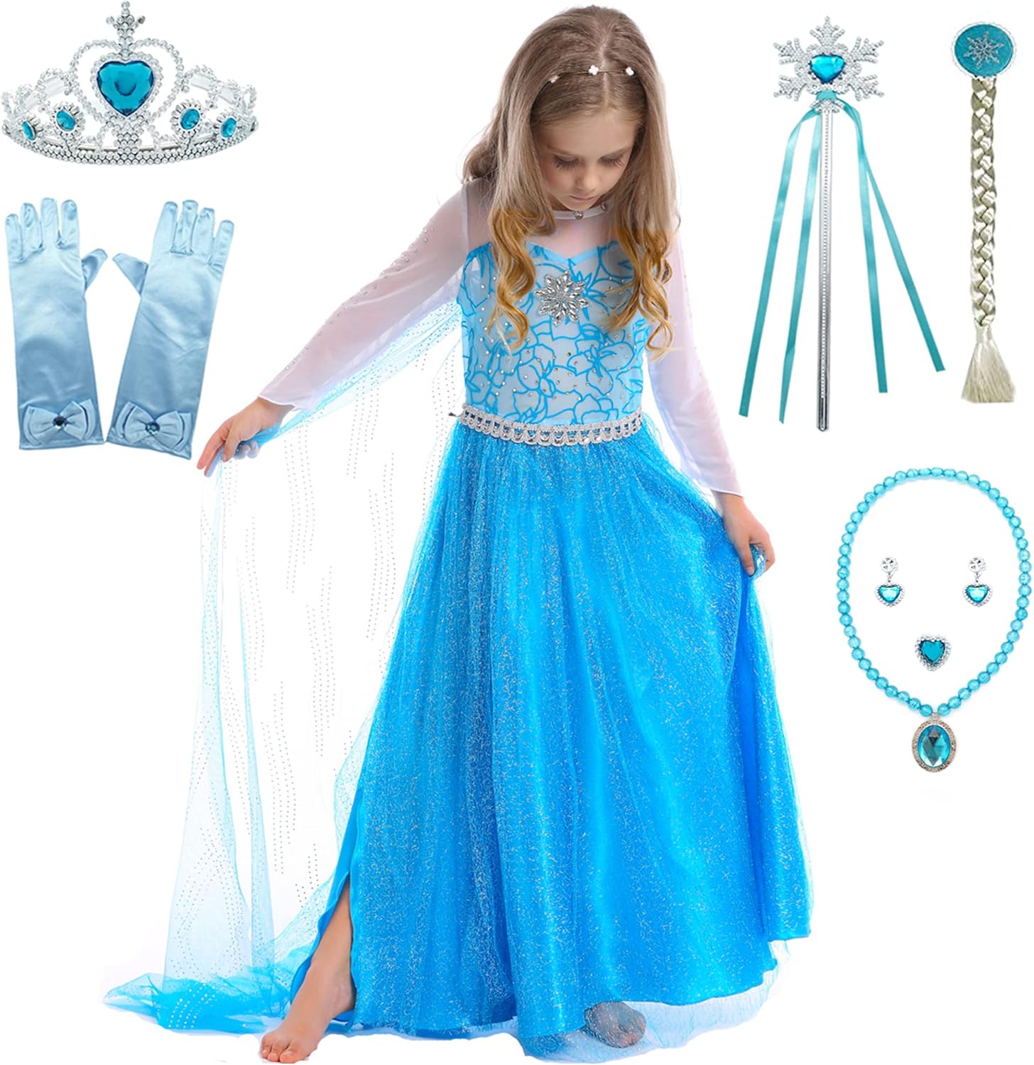 Princess Costumes Dress Up for Little Girls with Wig,Crown,Mace,Gloves Accessories Age of 3-12 Years