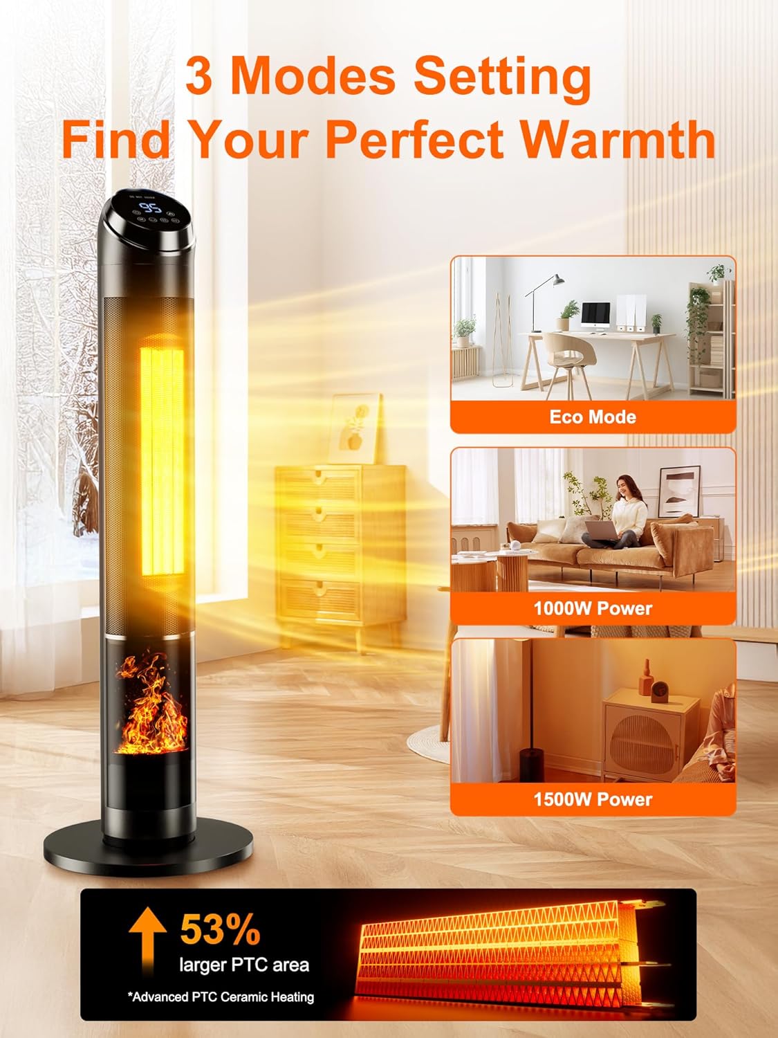 Uthfy 38” Space Heater for Indoor Use, Electric Room Heater with Flame Effect