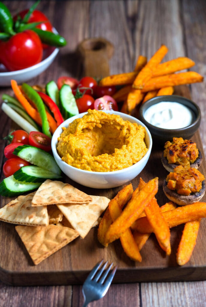 An appetizer board featuring butternut squash hummus in a bowl