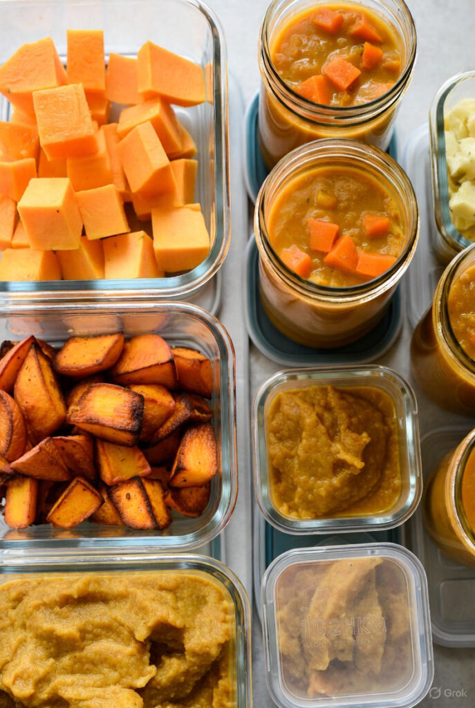 Meal prep containers showing organized butternut squash preparations