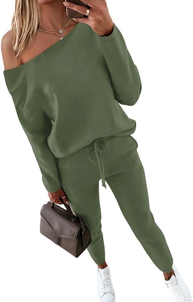 Women Tracksuit Fall 2 piece Outfits Off The Shoulder Long Sleeve Tops and Pants Set - Image 3