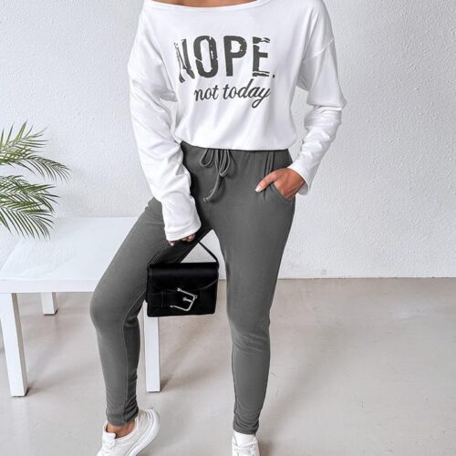 Women Tracksuit Fall 2 piece Outfits Off The Shoulder Long Sleeve Tops and Pants Set