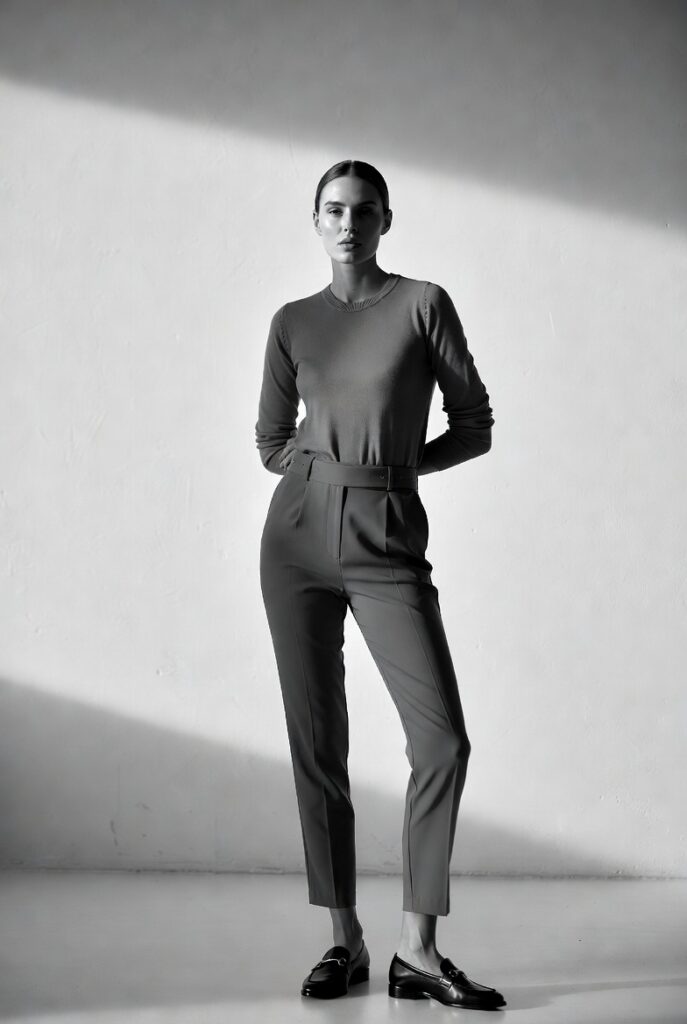 Fine-Knit Sweater + Tailored Trousers + Loafers