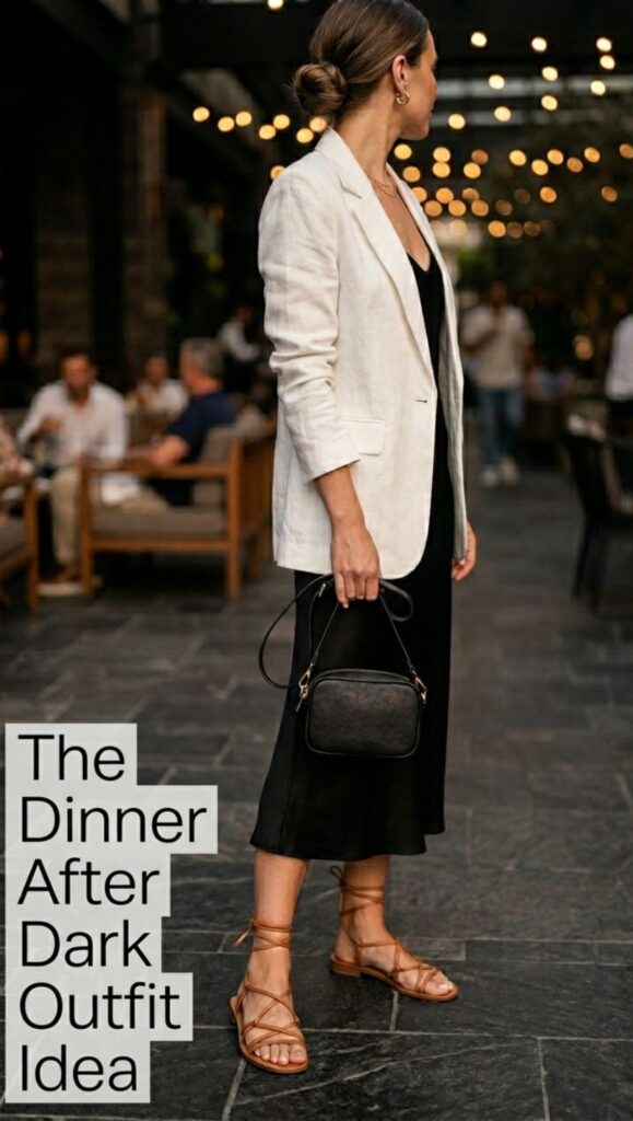 minimalist summer capsule wardrobe - The Dinner After Dark Outfit Idea