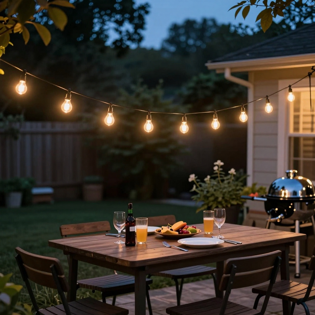 Outdoor string lights decoration ideas for summer backyard BBQ evening party