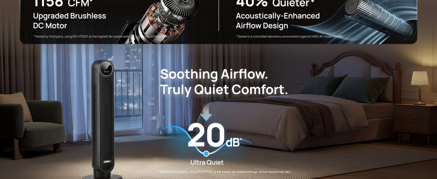 DREO tower fan in bedroom apartment setting