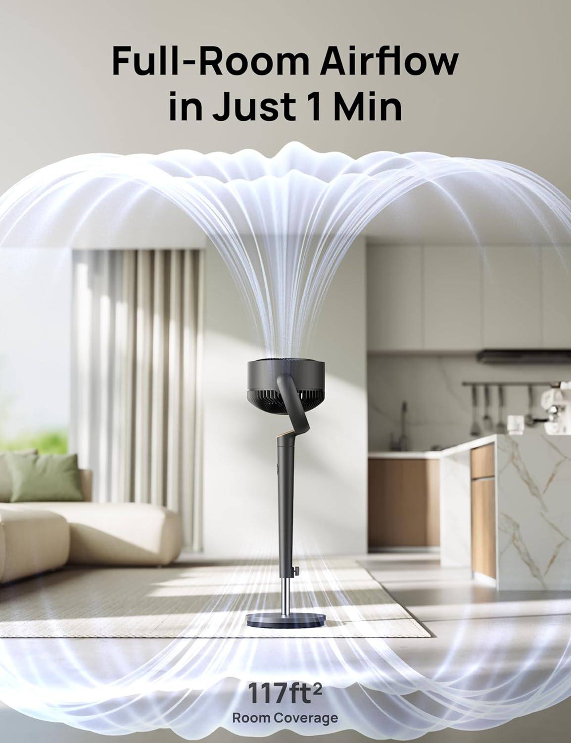 DREO standing fan living room lifestyle placement