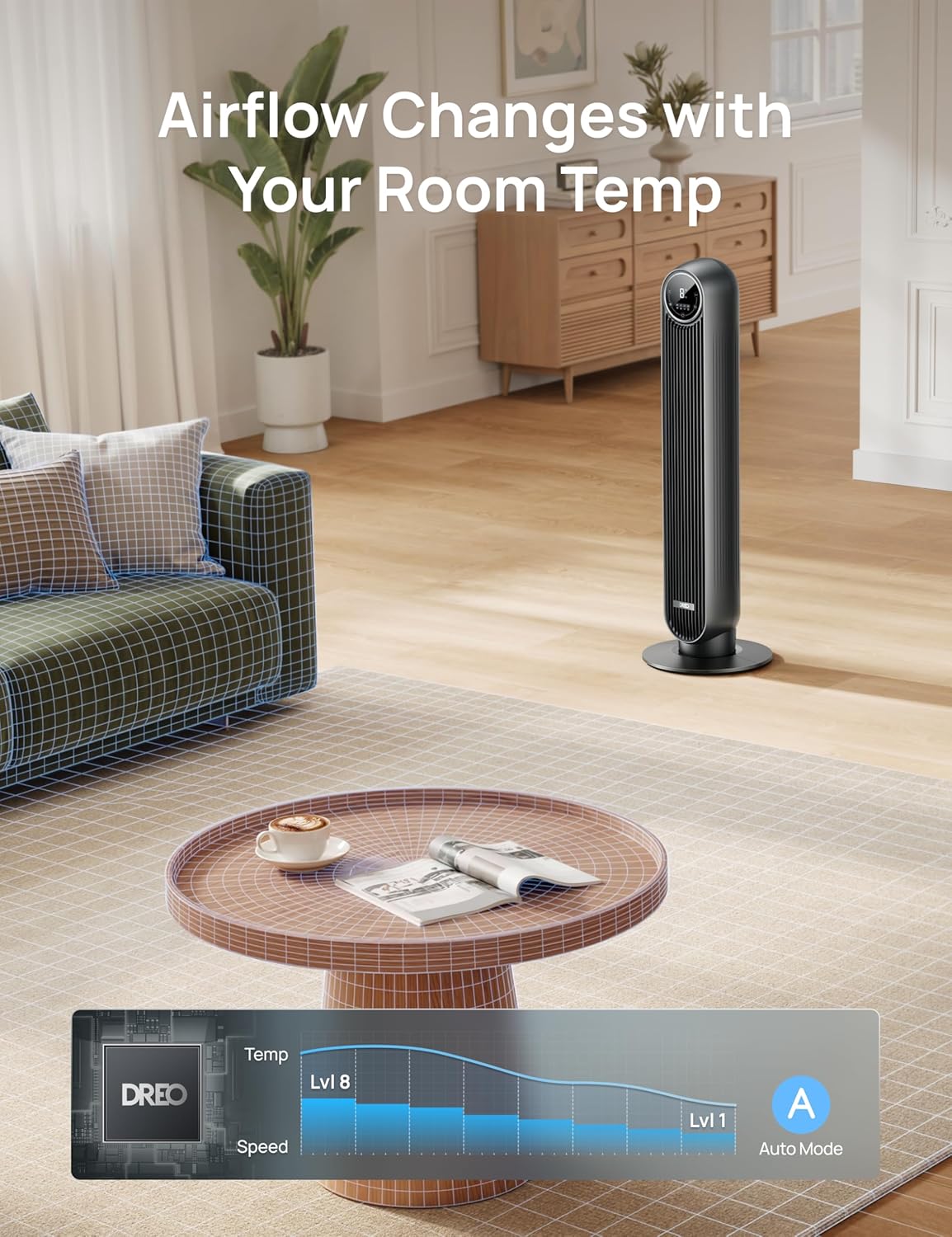 DREO tower fan final lifestyle shot in living room