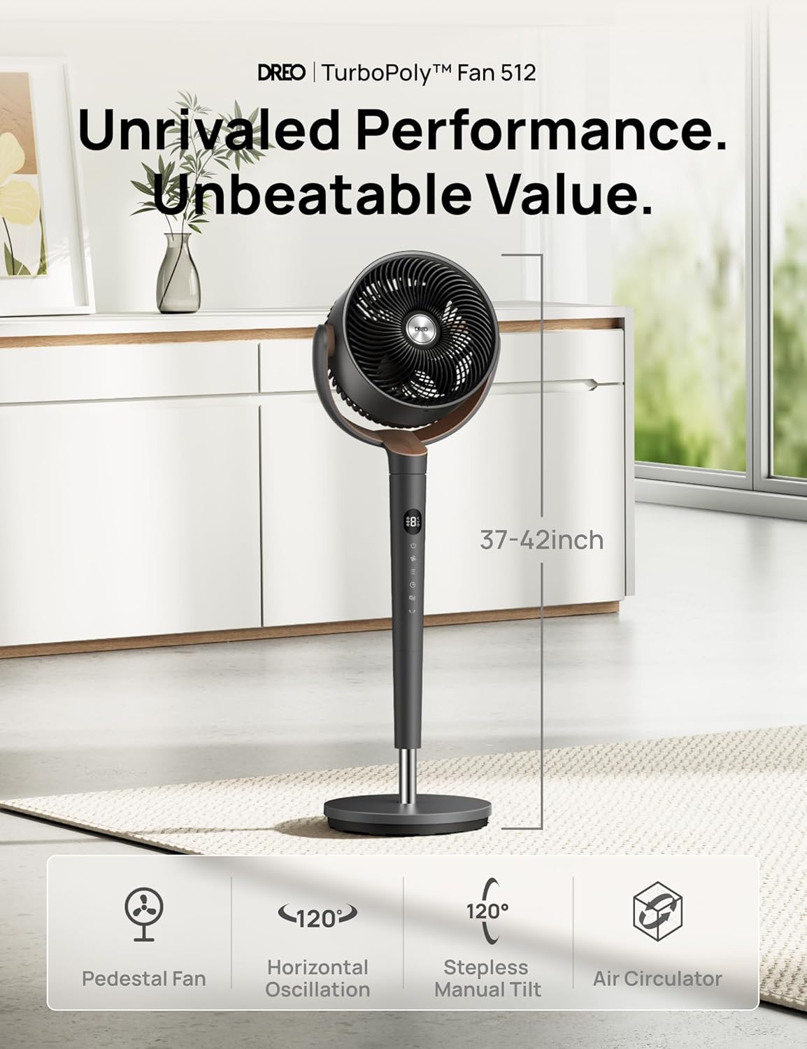 DREO standing fan product specifications and control panel