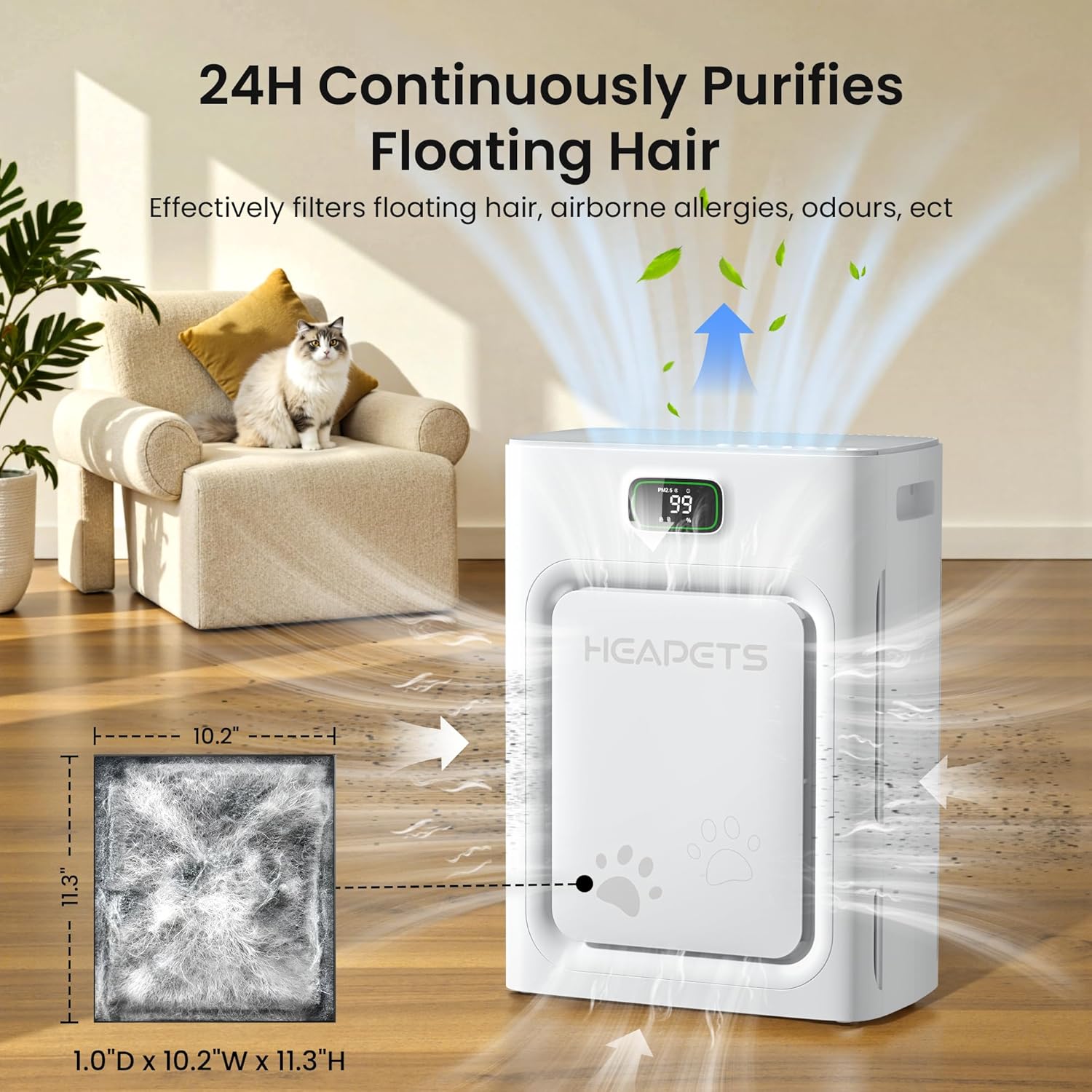 Pet air purifier placed in a living room with a cat nearby