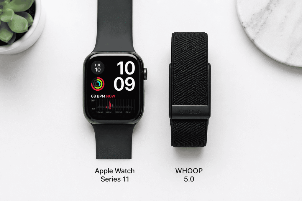 Apple Watch Series 11 vs WHOOP 5.0 design comparison — smartwatch versus screenless fitness band