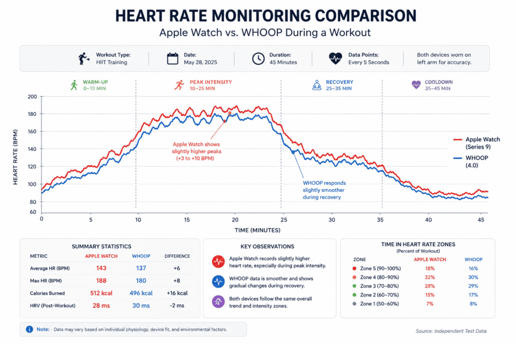 Apple Watch vs WHOOP heart rate monitoring accuracy comparison during exercise