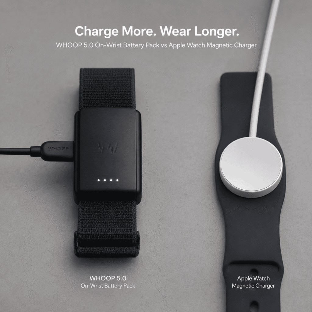 WHOOP 5.0 on-wrist charging vs Apple Watch magnetic charger battery life comparison