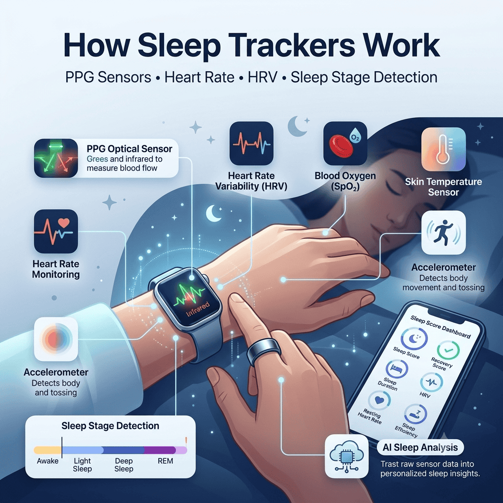 Diagram explaining how sleep trackers work using PPG sensors, heart rate and sleep stage detection
