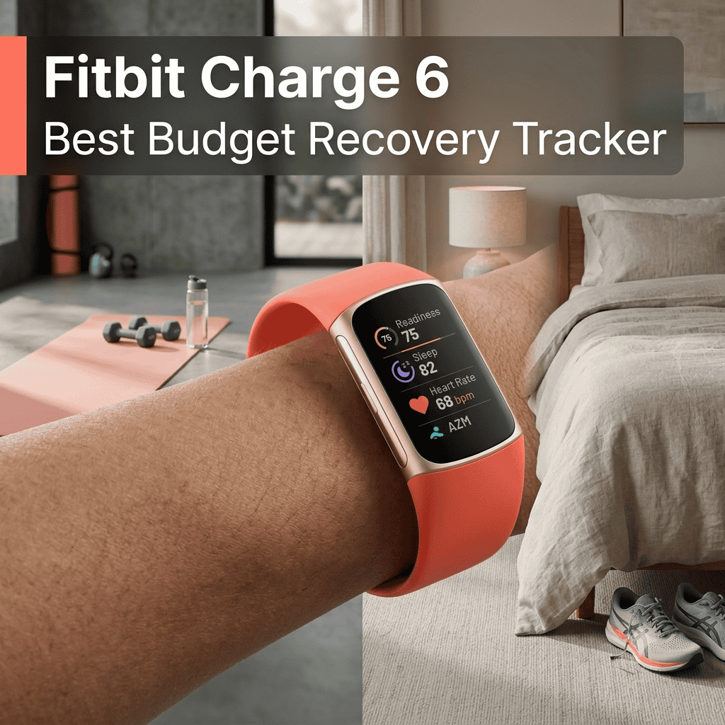 Fitbit Charge 6 fitness tracker bracelet showing sleep score and heart rate on display