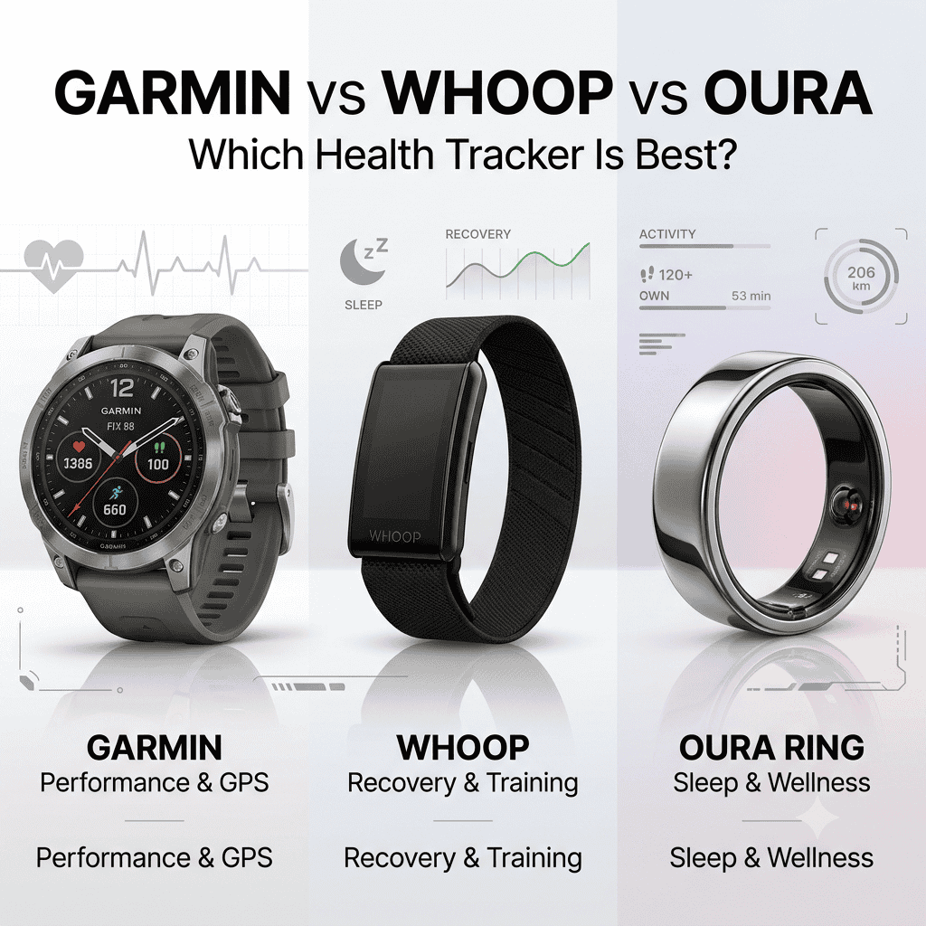 Garmin vs WHOOP vs Oura Ring comparison table for athletes and recovery tracking