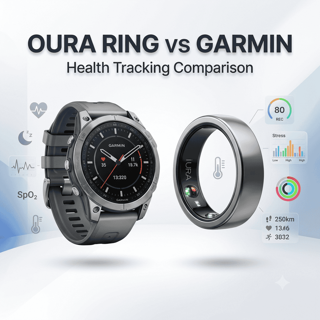 Oura Ring vs Garmin health tracking comparison including HRV, temperature, SpO2 and stress