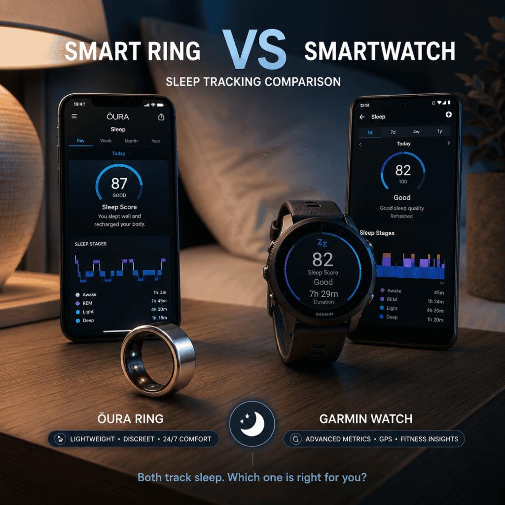 Smart ring vs smartwatch comparison for sleep tracking showing Oura Ring and Garmin on nightstand