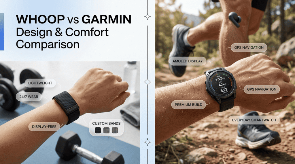 WHOOP 4.0 vs Garmin Forerunner 265 design and comfort comparison on wrist