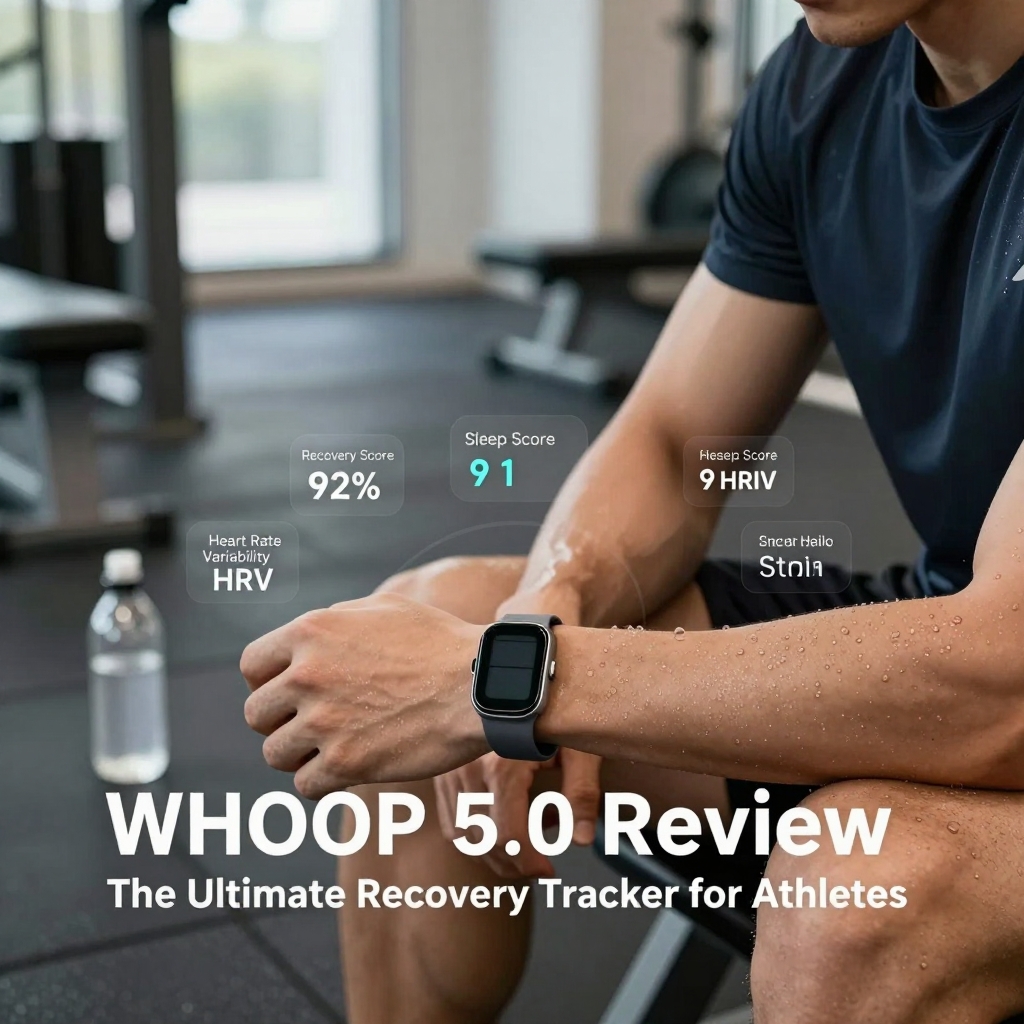 WHOOP 5.0 fitness recovery tracker showing Recovery Score and HRV on app