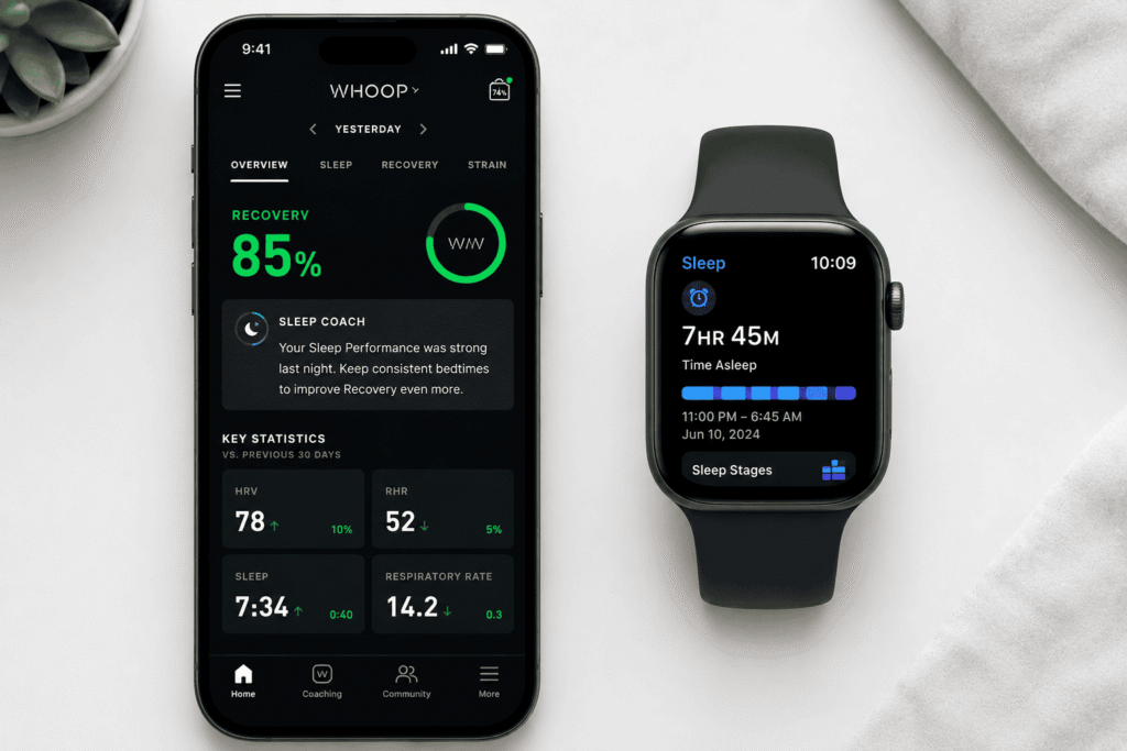 WHOOP Sleep Coach vs Apple Watch sleep tracking comparison on iPhone app screens
