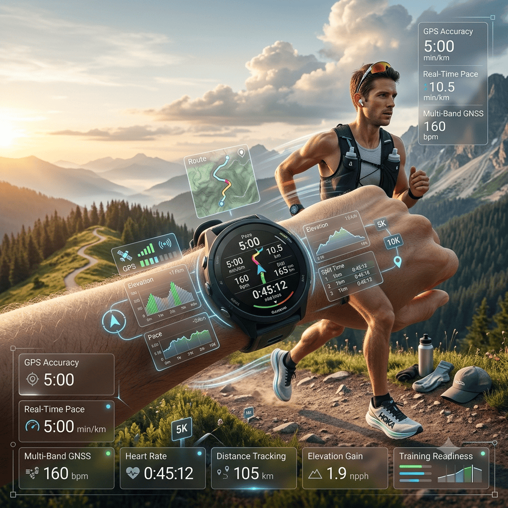 Garmin Forerunner 265 smartwatch displaying GPS route tracking, pace, and running metrics during an outdoor training session.