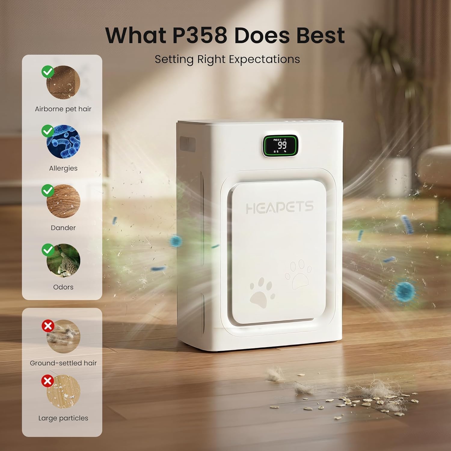 P358 pet air purifier shown in a bedroom setting