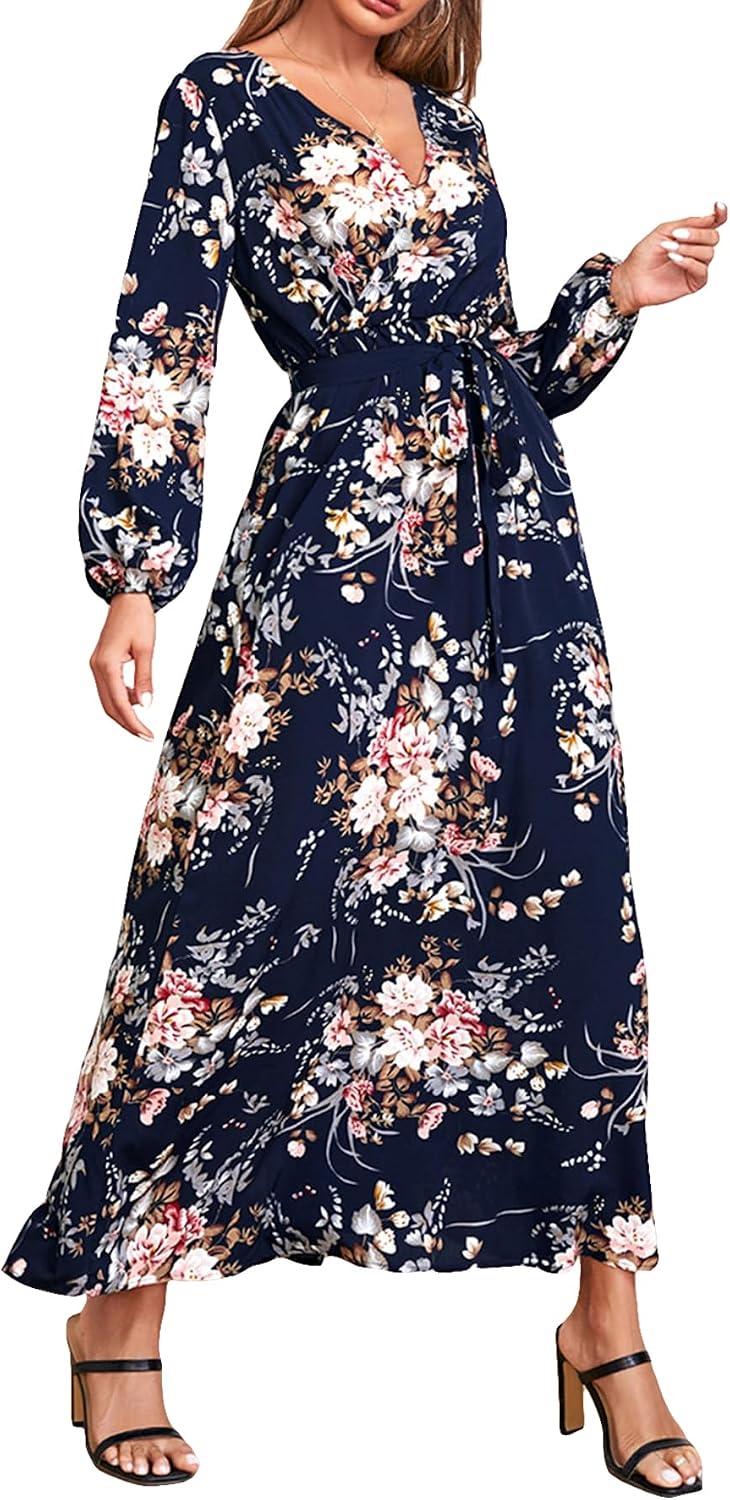 Floerns Women's Summer Wrap V Neck Long Sleeve Belted Floral Print Maxi Dress

