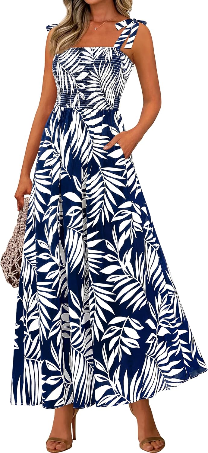PRETTYGARDEN Womens Summer Dress Floral Smocked Maxi Dresses Beach Sundress
