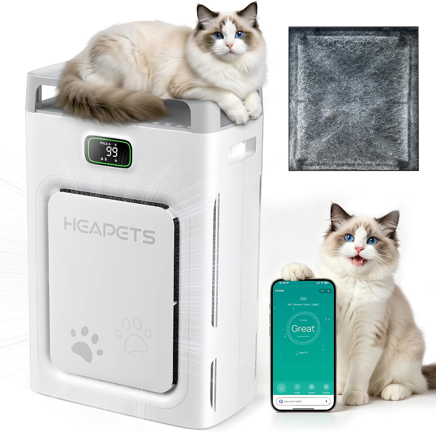 P358 pet air purifier with cat perch designed for pet hair, dander, dust, and odors