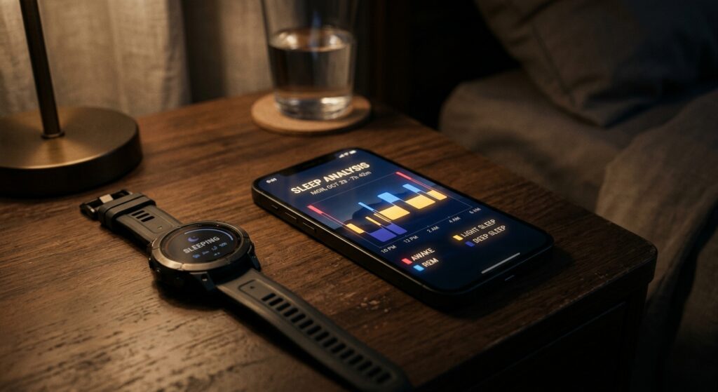 Smartphone displaying a fictional sleep-stage graph beside a sports watch on a nightstand
