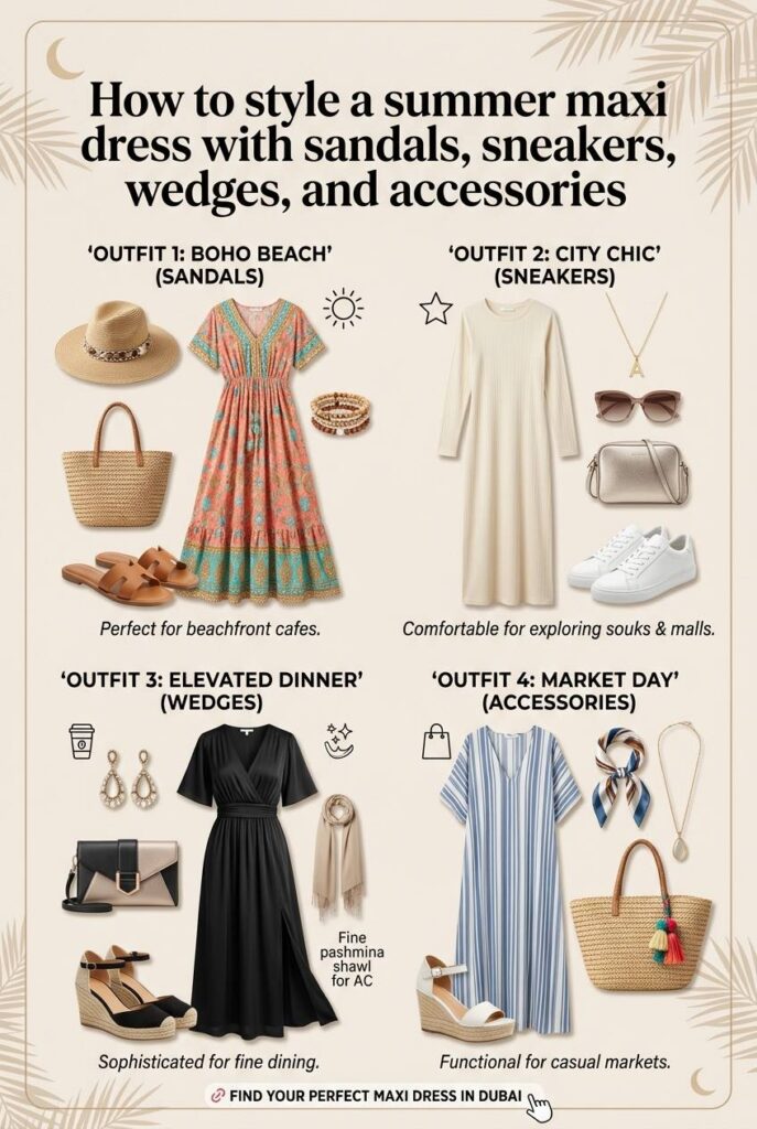 How to style a summer maxi dress with sandals sneakers wedges and accessories
