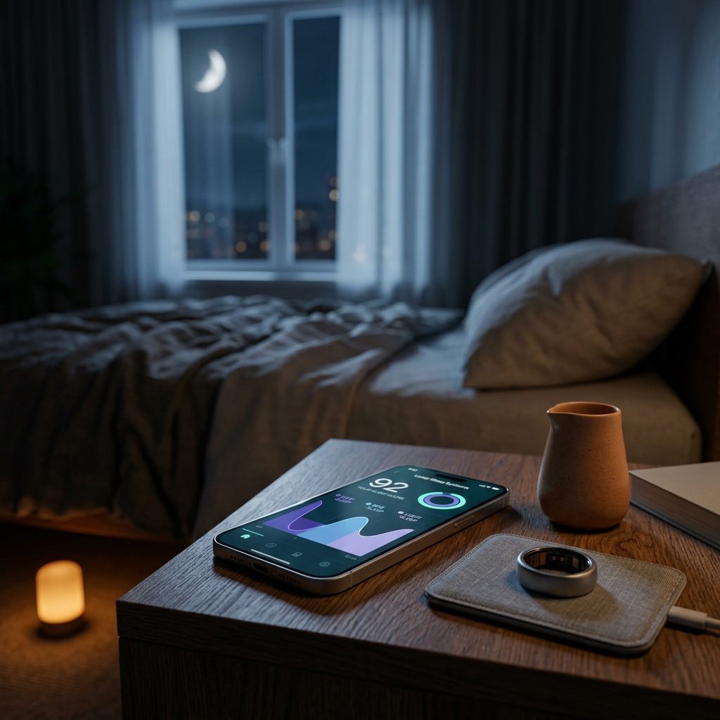 Smartphone displaying sleep stage and sleep score data next to a smart ring on a nightstand