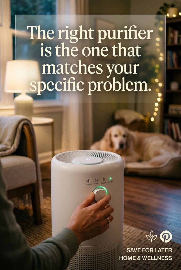 Adjusting air purifier settings in a cozy home with a dog resting nearby