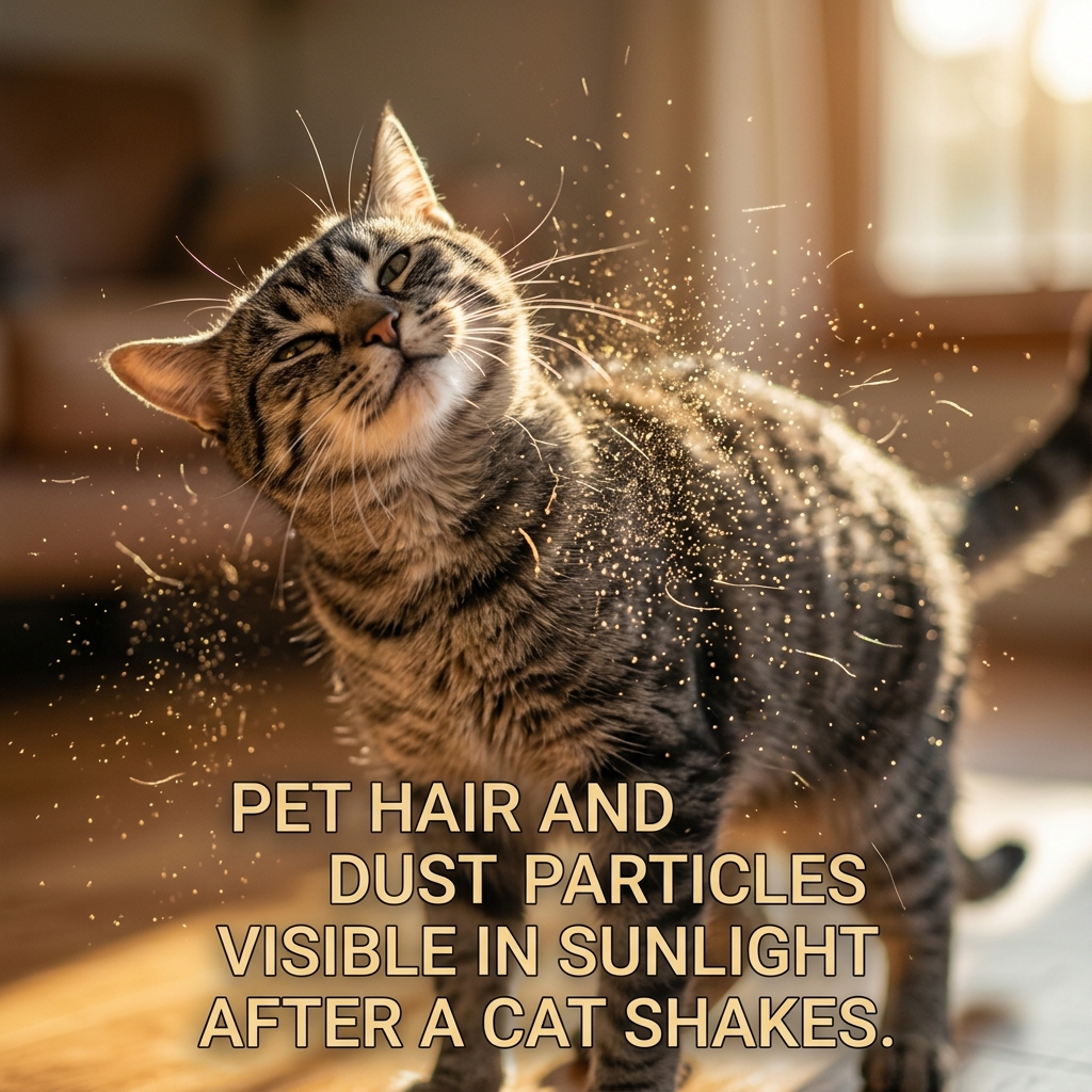 Fine pet hair and dust particles visible in sunlight after a cat shakes